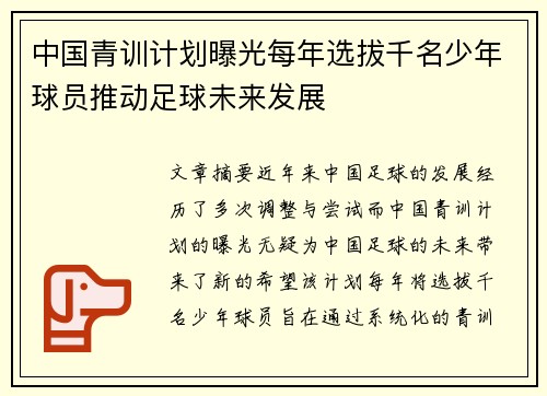 中国青训计划曝光每年选拔千名少年球员推动足球未来发展