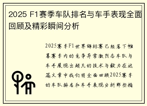 2025 F1赛季车队排名与车手表现全面回顾及精彩瞬间分析