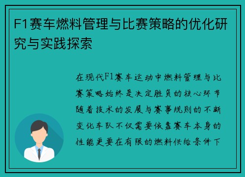 F1赛车燃料管理与比赛策略的优化研究与实践探索